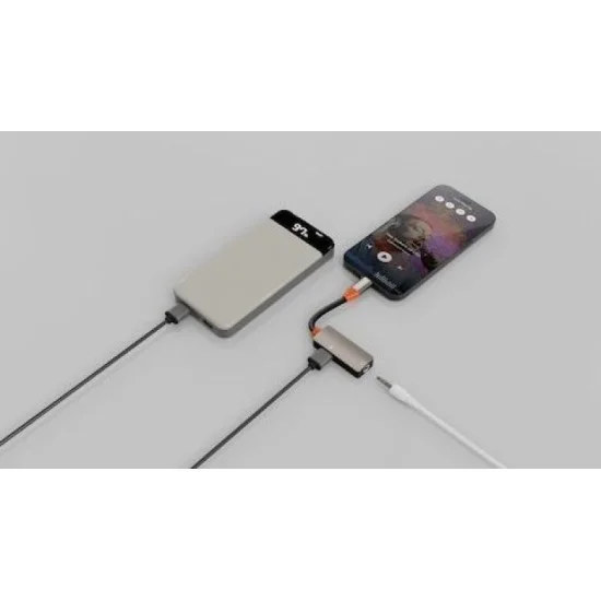 Porodo Duo Charging And Audio Adapter &ndash; Lightning + 3.5Mm &ndash; Black/Orange